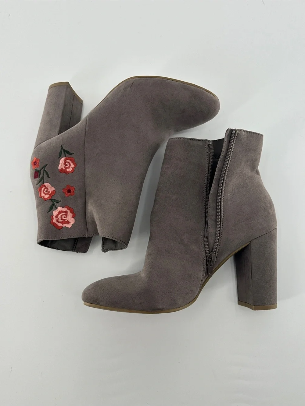 Report Gray Suede-Look Embroidered Ankle Booties